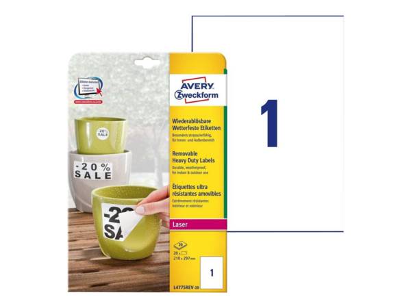 Avery Zweckform L4775REV-20 etichetta autoadesiva Rettangolo Permanente Bianco 20 pz L4775REV-20