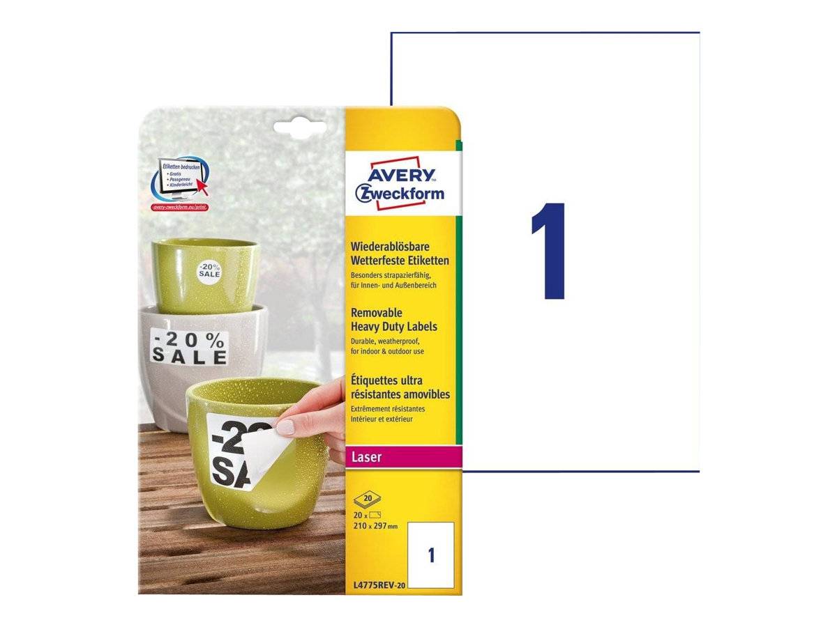 Avery Zweckform L4775REV-20 etichetta autoadesiva Rettangolo Permanente Bianco 20 pz L4775REV-20-0