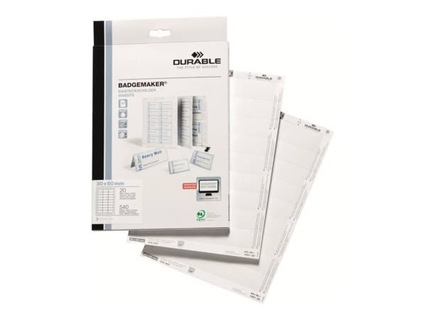 DURABLE - Weiß - 30 x 60 mm - 150 g/m² - 540 Karte(n) (20 Bogen x 27) Namensbadge-Karten - für P/N: 8006-19, 8009-19, 86