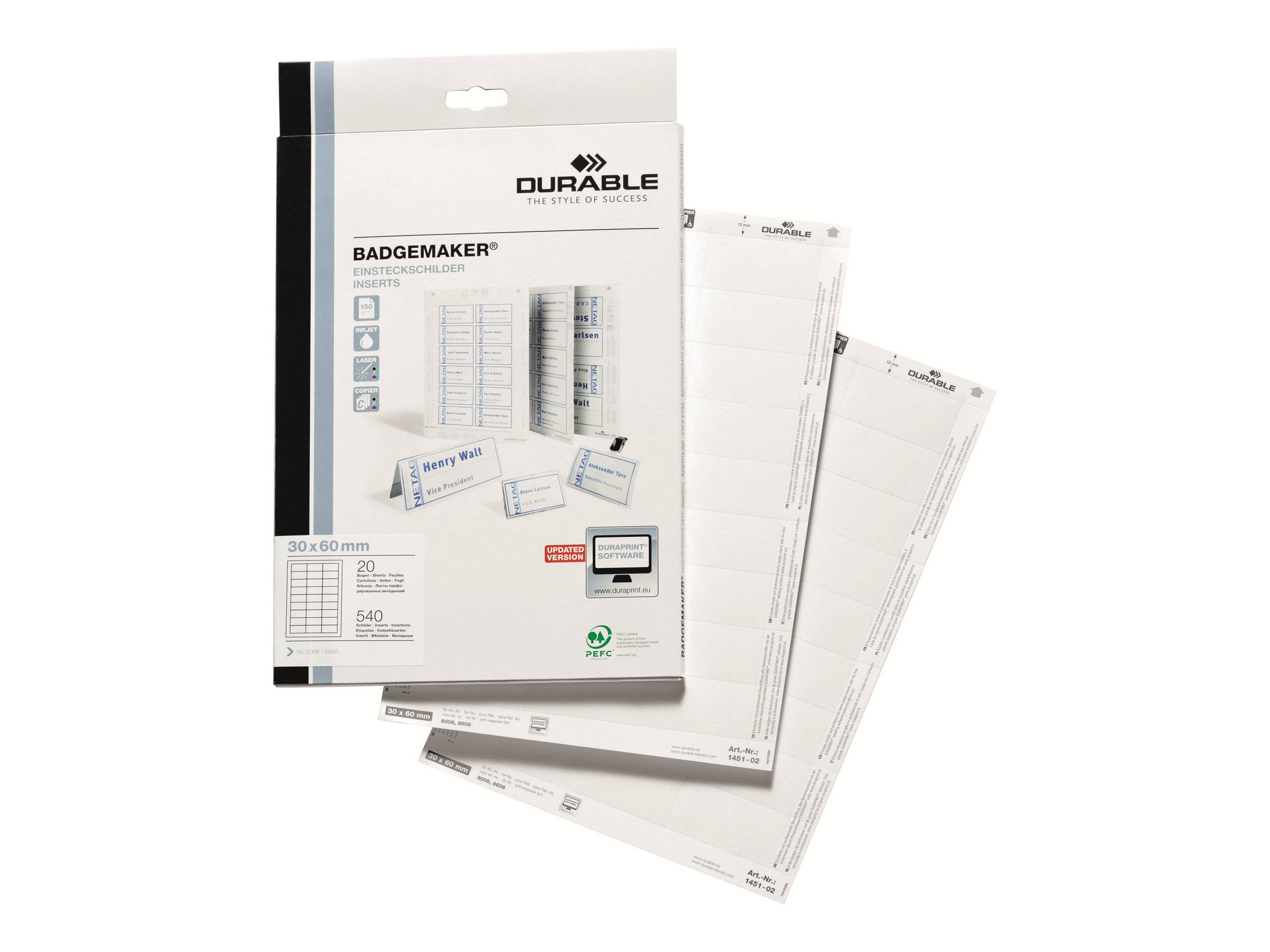 DURABLE - Weiß - 30 x 60 mm - 150 g/m² - 540 Karte(n) (20 Bogen x 27) Namensbadge-Karten - für P/N: 8006-19, 8009-19, 86-0