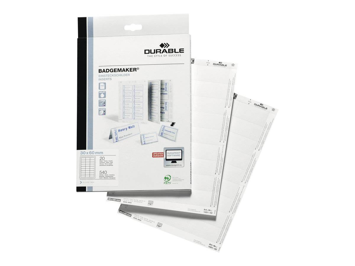 DURABLE - Weiß - 30 x 60 mm - 150 g/m² - 540 Karte(n) (20 Bogen x 27) Namensbadge-Karten - für P/N: 8006-19, 8009-19, 86-1