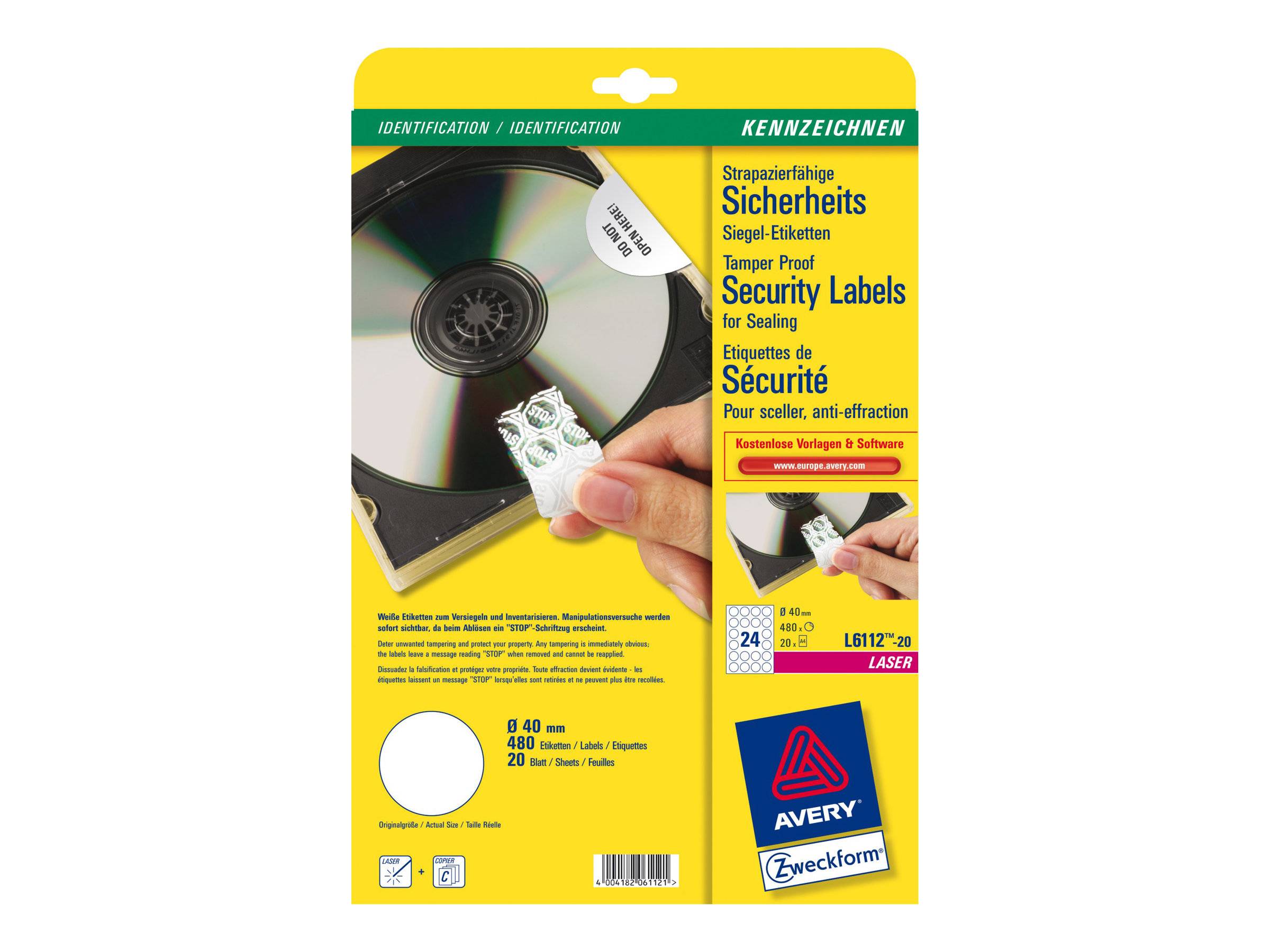 Etichette di sicurezza AVERY Nutzform 40,0 x 40,0 mm bianche-0