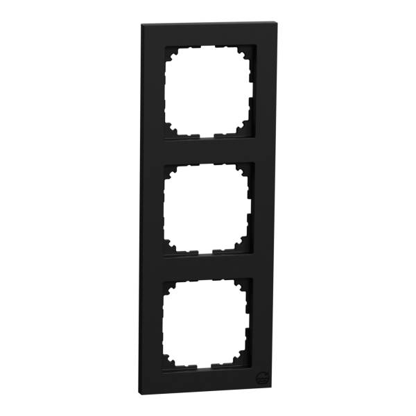 Cornice tripla nera con tagli rettangolari per prese o interruttori. Idonea per montaggio a parete.