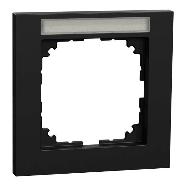 Cornice quadrata nera con centro vuoto, predisposta per interruttori elettrici o prese, con luce LED integrata nella parte superiore.