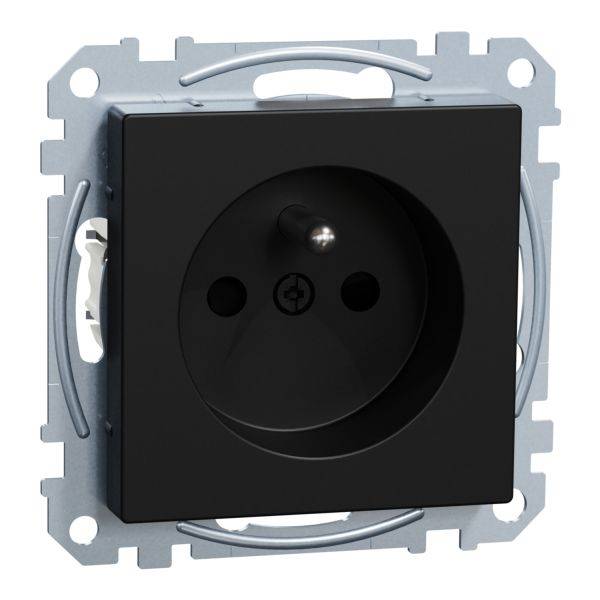 Presa elettrica nera installata in un supporto metallico. Vista frontale con spinotto di messa a terra visibile. Progettata per connessioni elettriche.