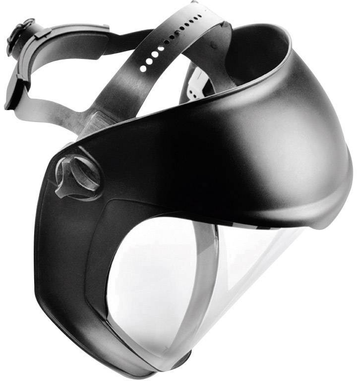 Uno schermo facciale nero con visiera trasparente e fascia regolabile per la testa. Protegge il viso da schizzi e urti.