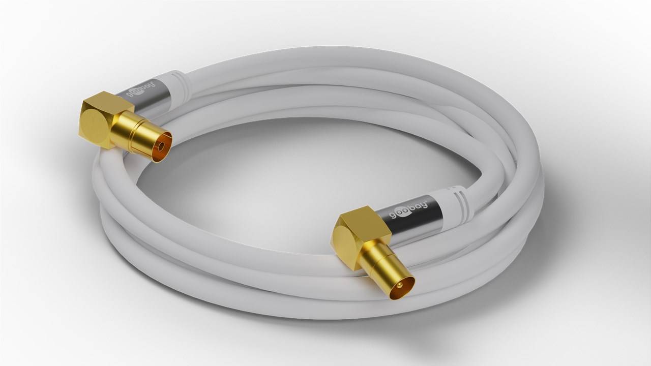 Goobay Cavo antenna TV (135 dB), 4x schermato 3 m placcato oro, presa coassiale 90° > spina coassiale 90°-4