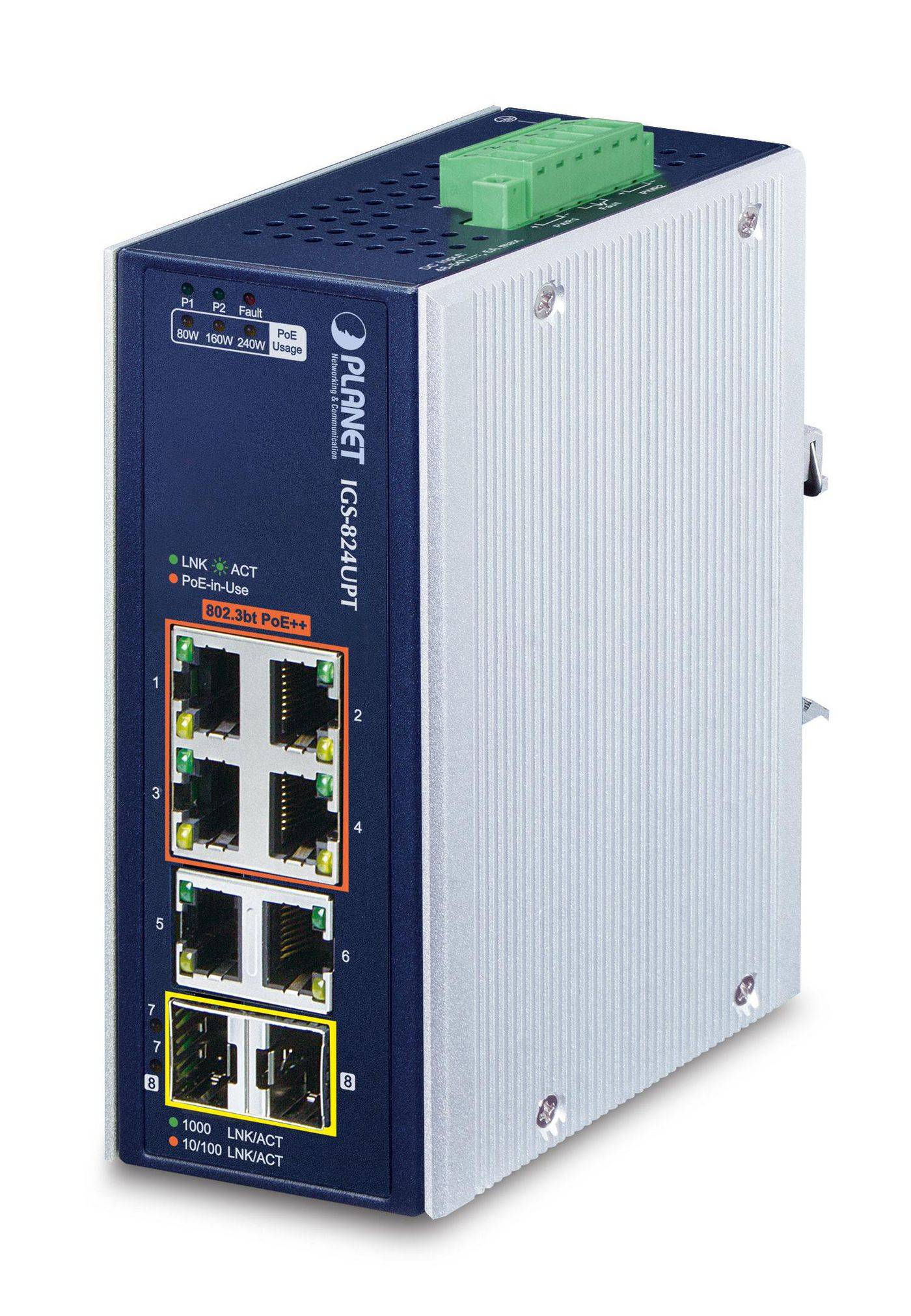 PLANET IP30 Industrial 4-Port Non gestito Gigabit Ethernet (10/100/1000) Supporto Power over Ethernet (PoE) Blu, Bianco-0