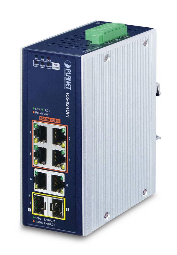 PLANET IP30 Industrial 4-Port Non gestito Gigabit Ethernet (10/100/1000) Supporto Power over Ethernet (PoE) Blu, Bianco