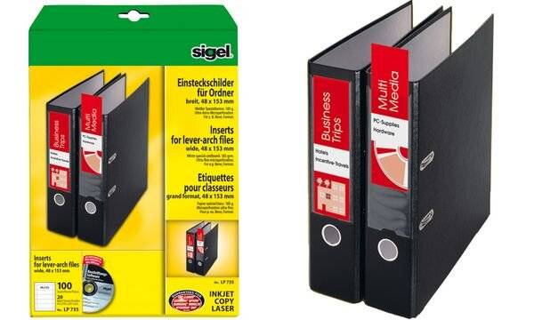 Sigel PC Inserts LP734 - Aktenetiketten - weiß - 53 x 190 mm - 185 g/m² - 100 Etikett(en) ( 20 Bogen x 5 )-0