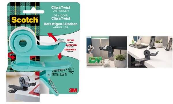 Dispenser per Nastro Adesivo Clip & Twist Scotch 3M - 33 m - 7100225276 (Verde Menta)-1