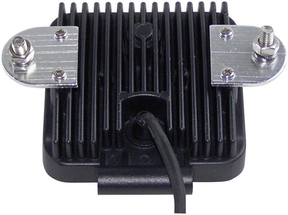 Un dissipatore di calore quadrato nero in metallo con un cavo collegato nella parte inferiore e due guide di montaggio nella parte superiore.
