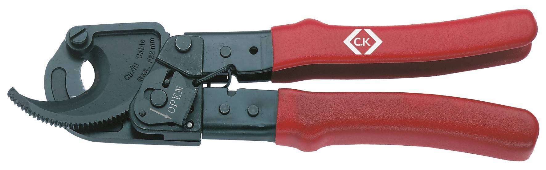 Tronchese con manico rosso e superficie di taglio nera, contrassegnata con 'CK', adatta al taglio di cavi spessi.