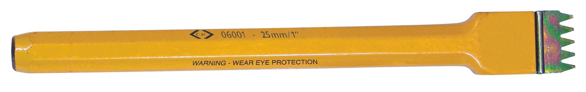 Un scalpello a punta giallo con una punta verde e rossa. Sullo scalpello è scritto 'Prestare attenzione agli effetti - Indossare protezione per gli occhi'.
