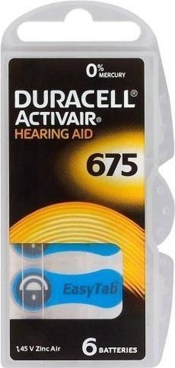 Batteria per apparecchi acustici Duracell 675, batterie zinco-aria IEC PR44 6 pezzi in scatola di plastica-0