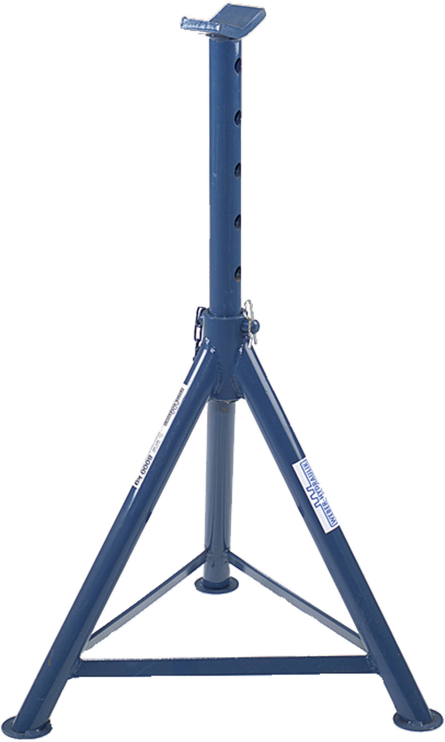 Un cavalletto di supporto blu a tre gambe con altezza regolabile e perno di sicurezza, utilizzato per stabilizzare i veicoli durante il sollevamento.