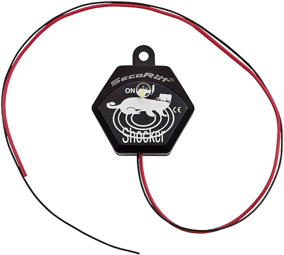 Un dispositivo esagonale con la scritta 'SecoRüt Shocker'. Ha cavi rossi e neri ed è probabilmente destinato a respingere gli animali.