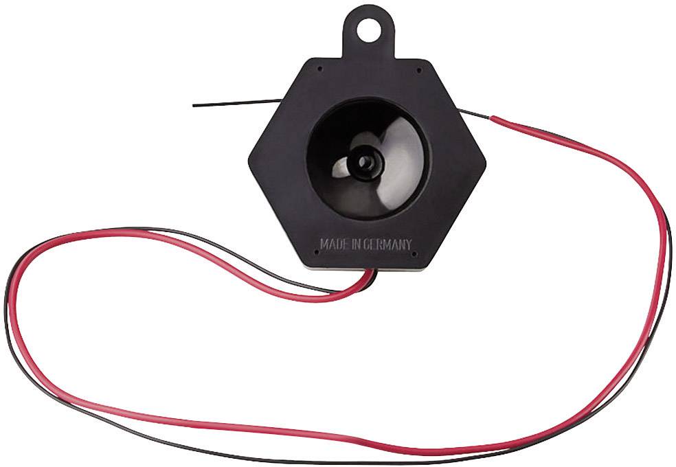 Altoparlante nero esagonale con cavo rosso e nero, con scritta 'MADE IN GERMANY'.