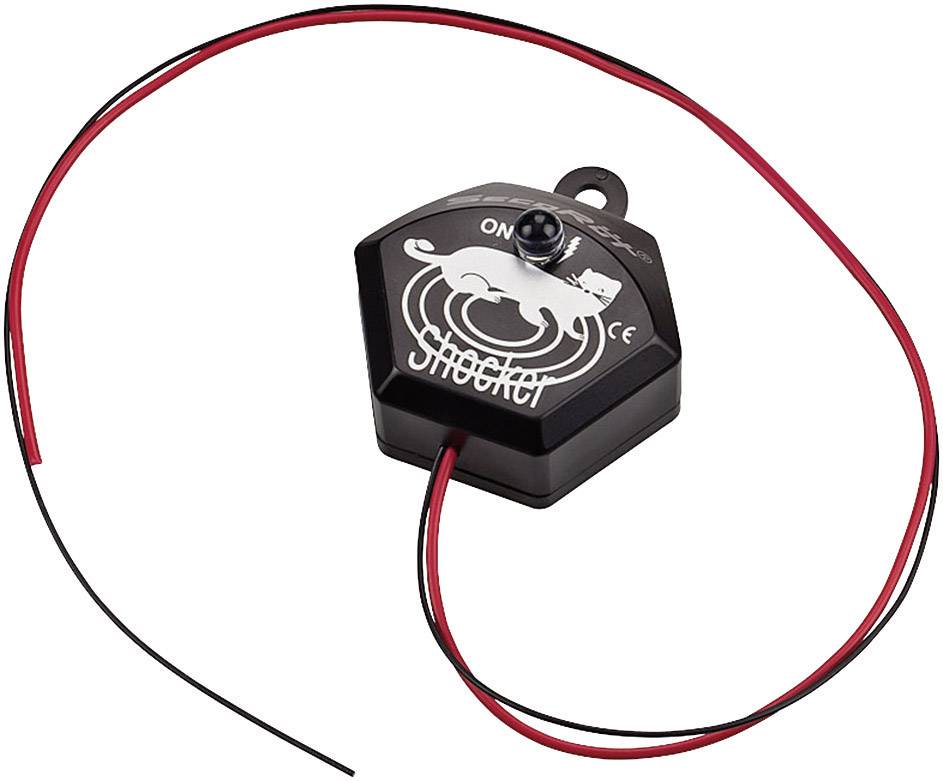 Un dispositivo elettrico con cavi neri e rossi che indica una funzione di deterrenza mediante shock. Dispone di un interruttore di accensione/spegnimento.