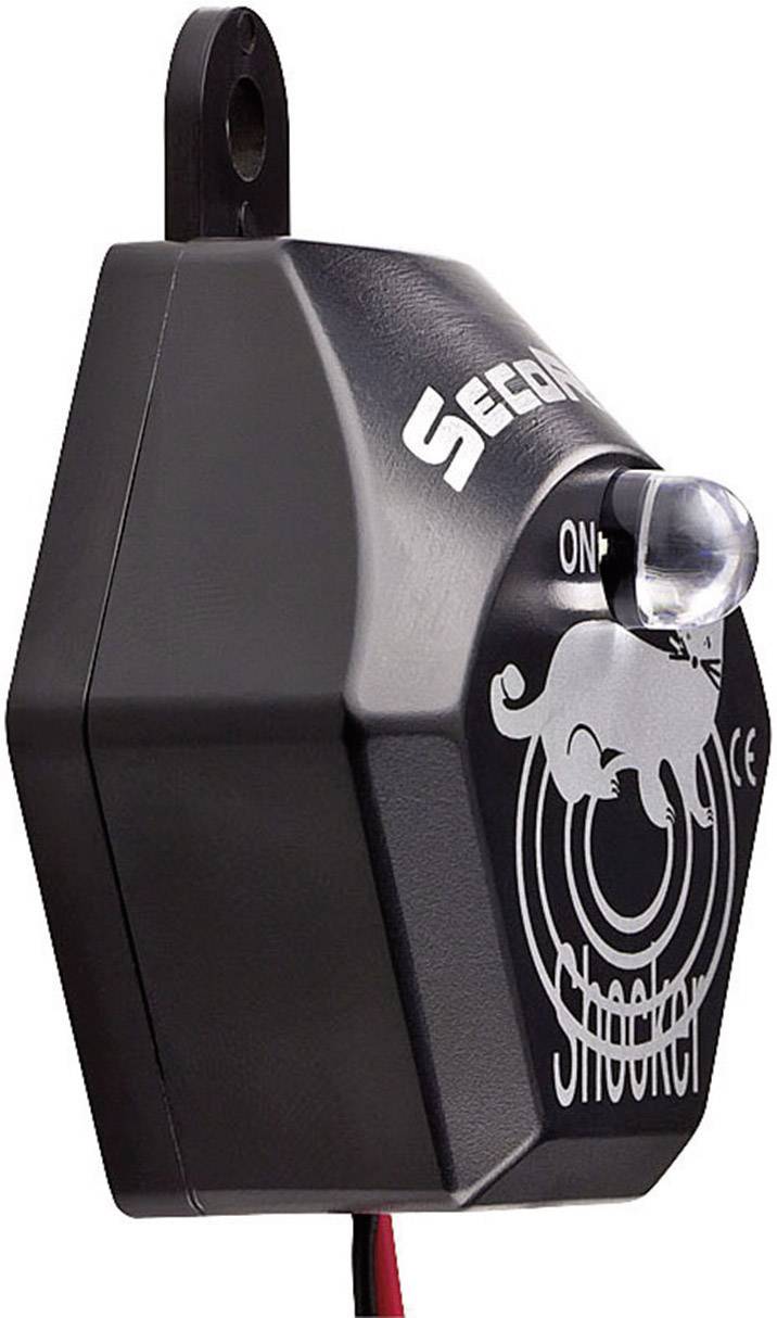 Un dispositivo elettronico nero a forma esagonale con un interruttore bianco e una luce LED, su cui è raffigurata la silhouette di un animale.