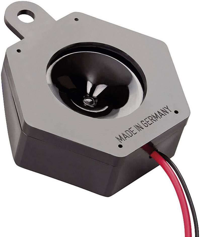 Un altoparlante esagonale con membrana circolare e due cavi di connessione, contrassegnato con 'MADE IN GERMANY'.