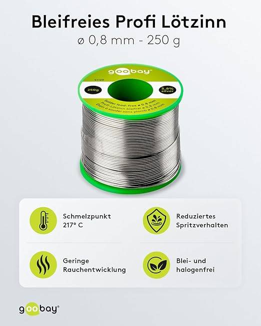 Saldante professionale Goobay senza piombo, ø 0,8 mm, 250 g - composizione: 3,8% argento, 0,7% rame, 93,8% stagno,...-1