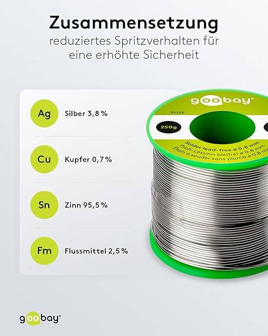 Saldante professionale Goobay senza piombo, ø 0,8 mm, 250 g - composizione: 3,8% argento, 0,7% rame, 93,8% stagno,...-2