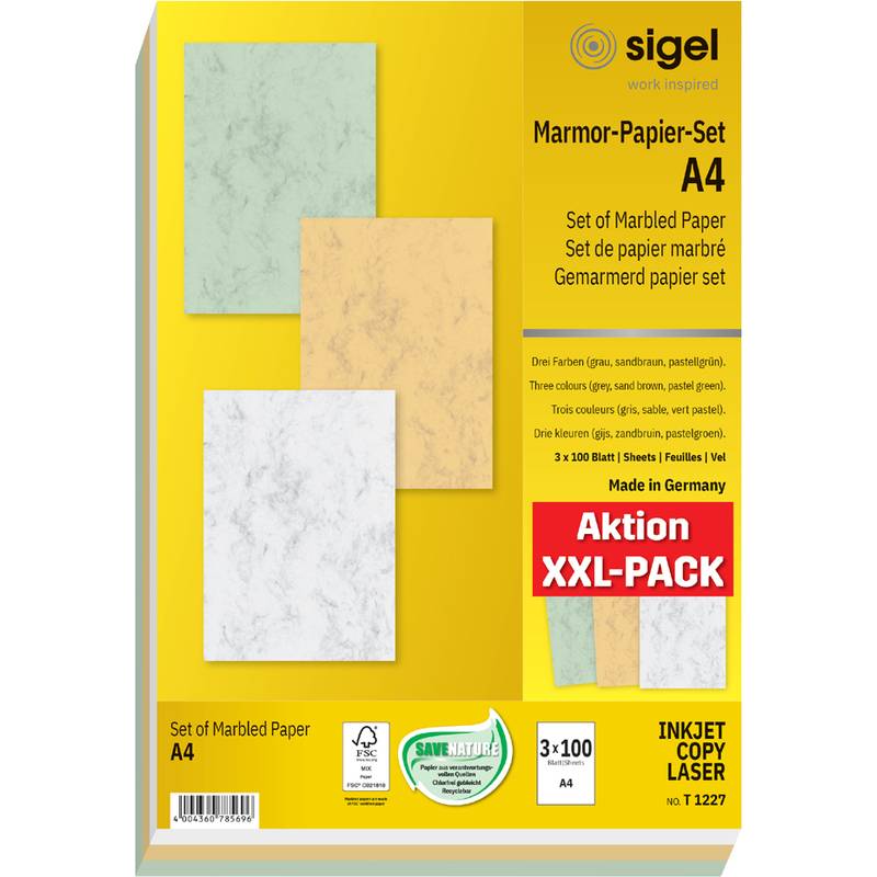 sigel Marmor-Papier-Set, A4, 90 g/qm, Feinpapier, sortiert beidseitig marmoriert, geeignet für InkJet-, Laserdrucker & --0
