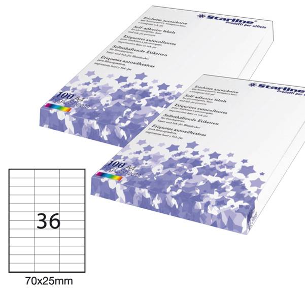 Etichetta adesiva - permanente - 70x25 mm - 36 etichette per foglio - bianco - Starline - conf. 100 fogli A4-0