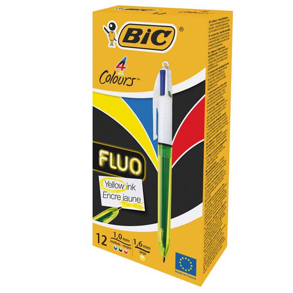 BIC 4Colours Fluo Penna retrattile a clip Nero, Blu, Rosso, Giallo 12 pz-0