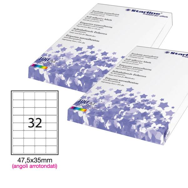 Etichetta adesiva bianca 100fg A4 47,5x35mm (32et/fg) angoli tondi STARLINE-0