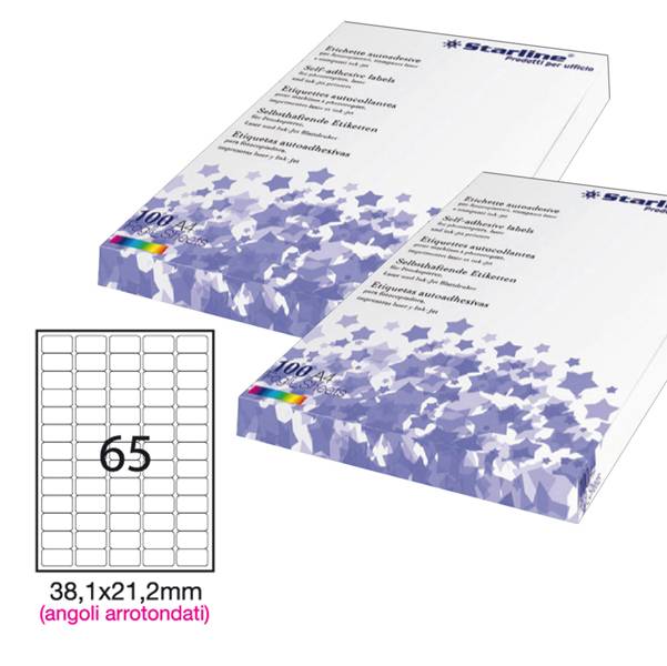 Etichetta adesiva bianca 100fg A4 38,1x21,2mm (65et/fg) angoli tondi STARLINE-0