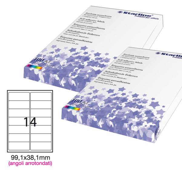 Etichetta adesiva bianca 100fg A4 99,1x38,1mm (14et/fg) angoli tondi STARLINE-0