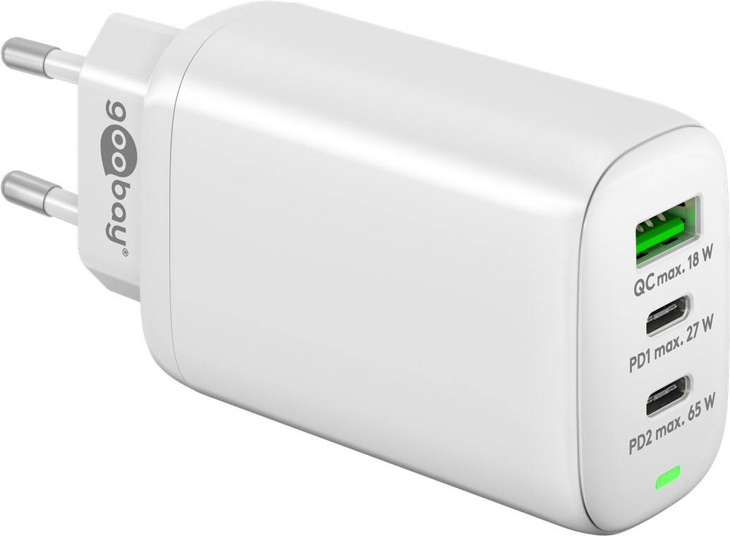 Goobay USB-C™ PD caricatore rapido triplo multiporta (65 W) bianco - adattatore di ricarica con 2 porte USB-C™ (Power...