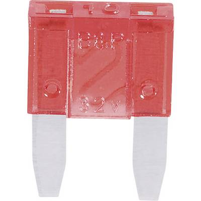 Fusibile piatto rosso con la scritta '10'. Ha due contatti metallici ed è progettato per l'uso in circuiti elettrici.