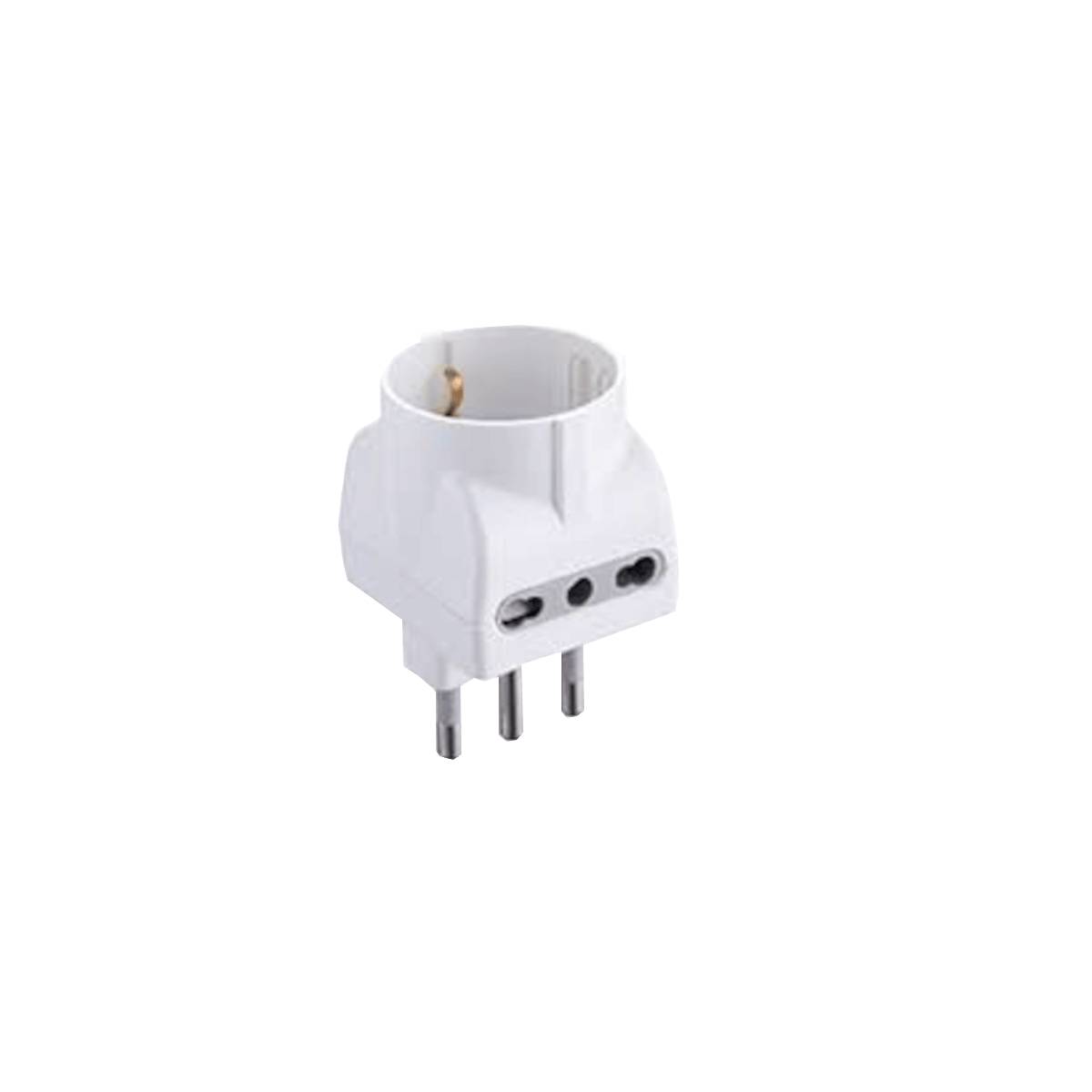 Adattatore spina S17 (grande) e 1 presa Shuko 10A + 2 Prese 10A bipasso - Adattatore triplo con 1 presa schuko 2 poli +-0