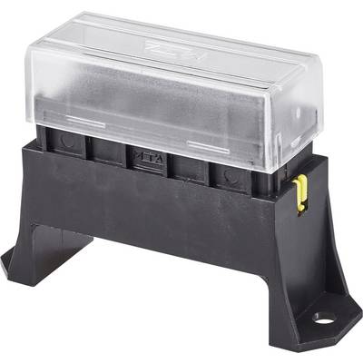 Portafusibili nero in plastica con coperchio trasparente, idoneo per alloggiare fusibili a lamelle, contatti laterali visibili.