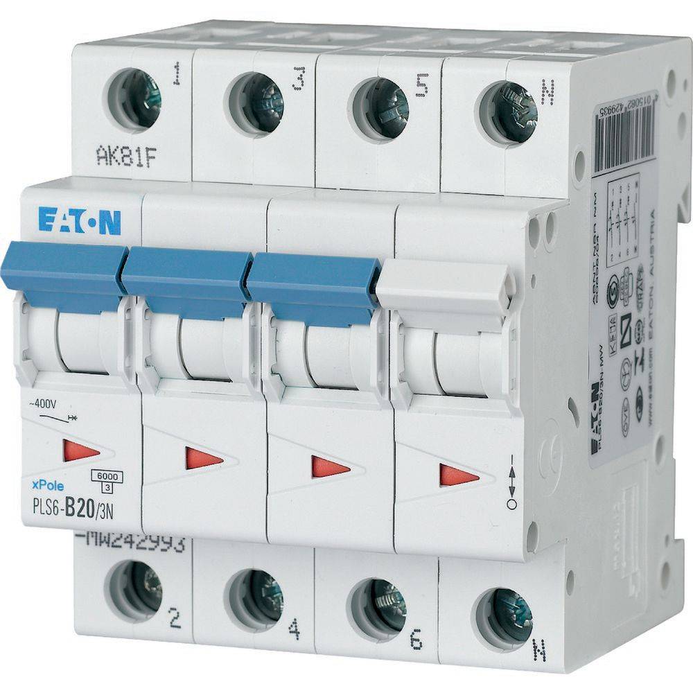Eaton - 242993 - Miniature circuit breaker (MCB), 20 A, 3p+N, characteristic: B-0