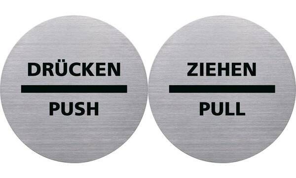 helit Piktogramm "ZIEHEN/PULL", Durchmesser: 115 m, silber selbstklebend, aus Edelstahl mit schwarzem Aufdruck, - 1 Stüc-2