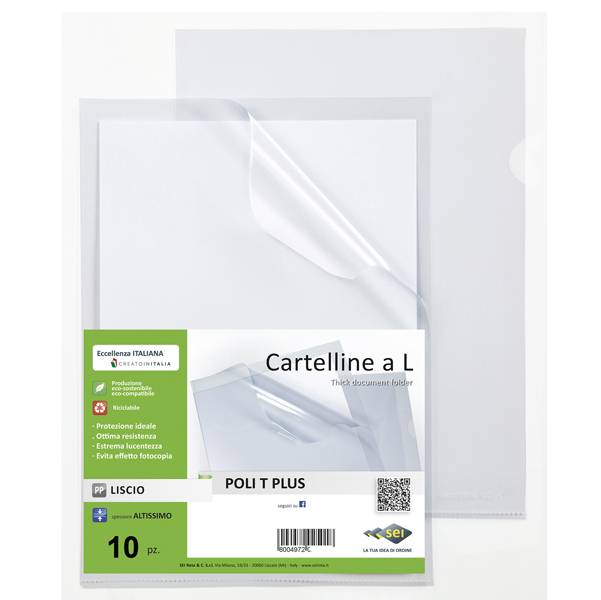 Cartelline a L Poli T Plus - alto spessore - PP - 30 x 42 cm - trasparente - Sei rota - conf.10 pezzi-0