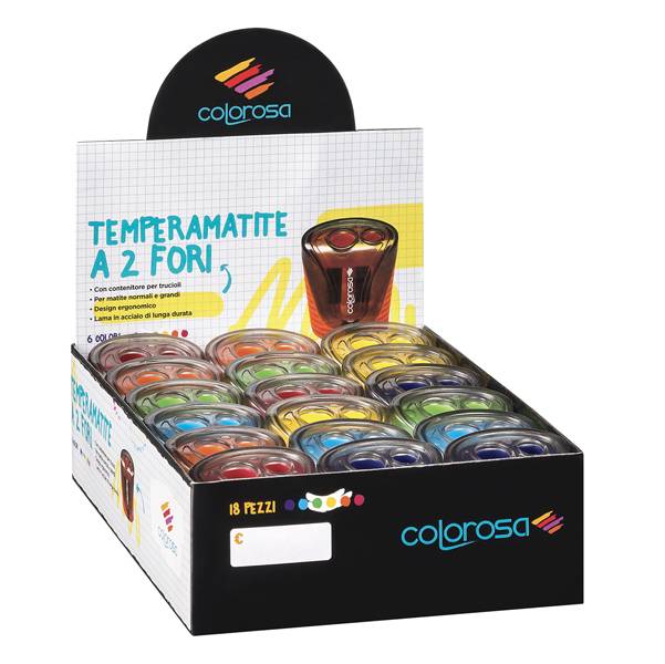 Temperamatite - a 2 fori - colori assortiti - Ri.Plast - expo 18 pezzi-0