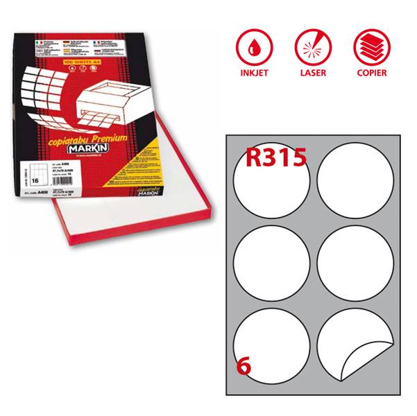 Etichetta adesiva R/315 bianca 100fg A4 tonda �85mm (6et/fg) Markin-0