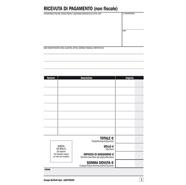 Blocco Ricevute B&B Affittacamere Data Ufficio - 25/25 Copie Autoricalcanti - 16,8x10 cm - DU16257B250