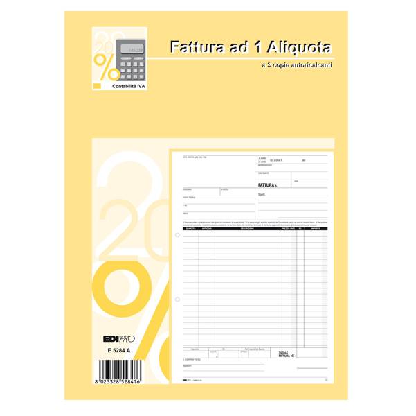 Blocco Fatture 1 Aliquota IVA Edipro - 21x29,7 cm - 33/33/33 Fogli Autoricalcanti - E5284A-0