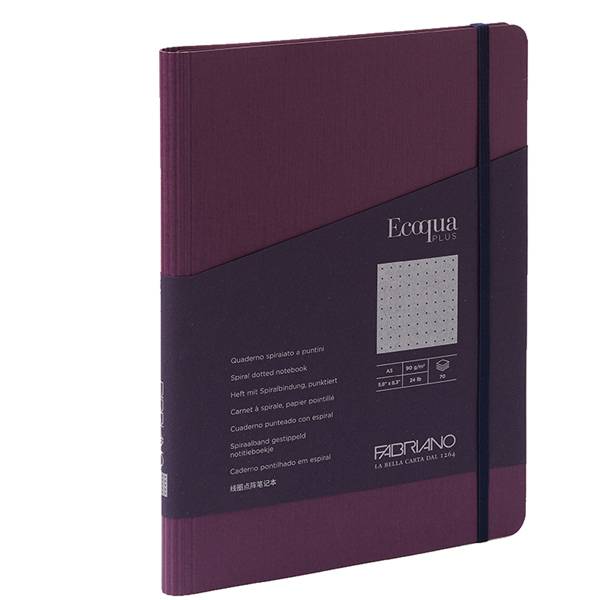 Taccuino EcoQua Plus - con elastico - spiralato - A5 - 70 fogli - puntinato - vino - Fabriano-0