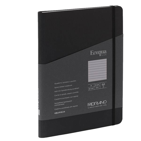 Taccuino EcoQua Plus - con elastico - spiralato - A5 - 70 fogli - righe - nero - Fabriano-0