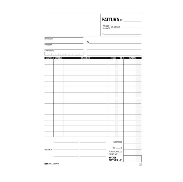 Blocco Fatture 1 Aliquota IVA Edipro - 14,8x23 cm - 33/33/33 Fogli Autoricalcanti - E5273CT-0