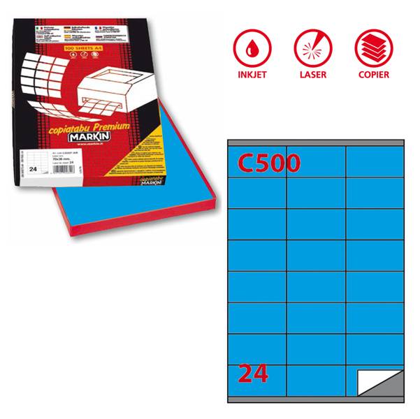Etichetta adesiva C500 - permanente - 70x36 mm - 24 etichette per foglio - blu - Markin - scatola 100 fogli A4-0