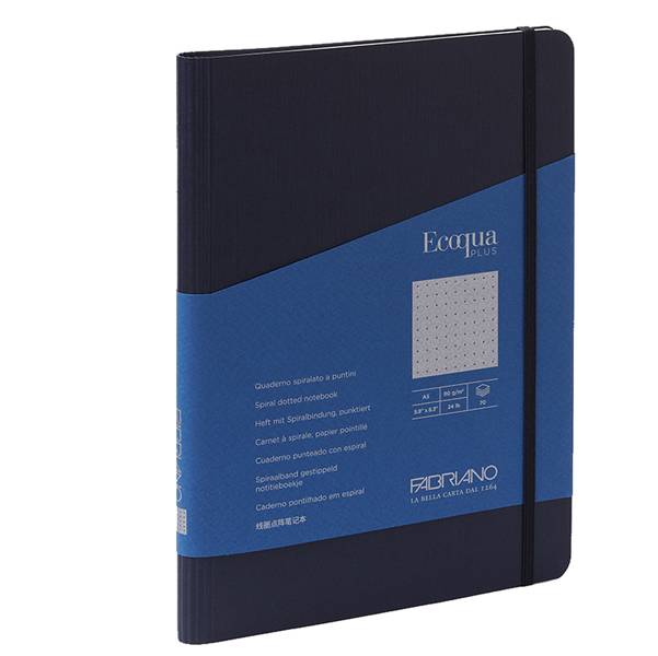 Taccuino EcoQua Plus - con elastico - spiralato - A5 - 70 fogli - puntinato - blu scuro - Fabriano-0