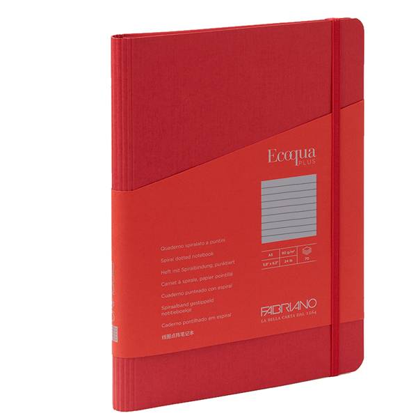 Taccuino EcoQua Plus - con elastico - spiralato - A5 - 70 fogli - righe - lampone - Fabriano-0